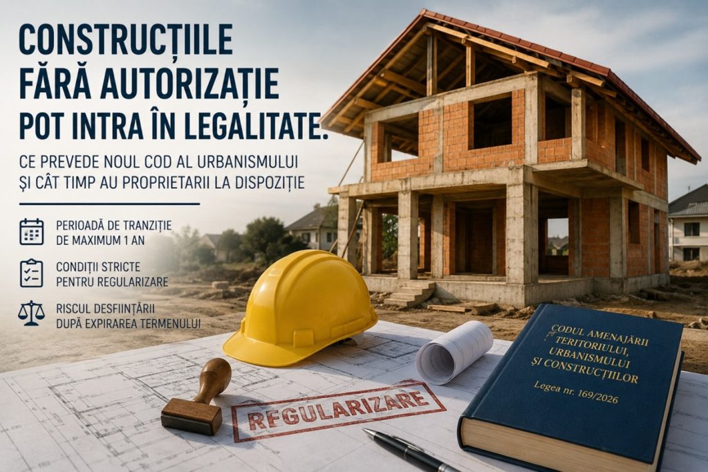 Reglementarea trebuie însă privită cu atenție. Noul Cod nu instituie o procedură generală prin care orice construcție neautorizată poate fi „legalizată”, ci stabilește condiții stricte, precum și o perioadă tranzitorie de maximum un an în care regularizarea poate fi solicitată și pentru categorii de construcții care, ulterior, nu vor mai putea beneficia de această procedură.