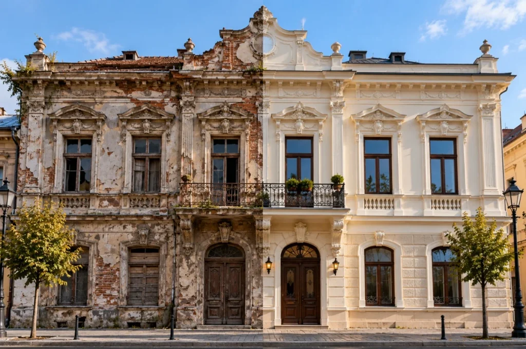 Fațada unui monument istoric, jumătate degradată și jumătate restaurată