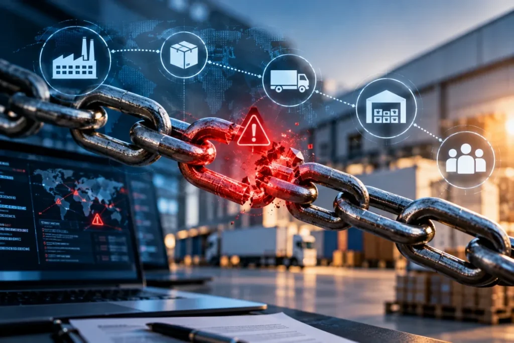 Lanț cu o verigă ruptă și pictograme ale furnizorilor – riscuri de securitate cibernetică în lanțul de aprovizionare