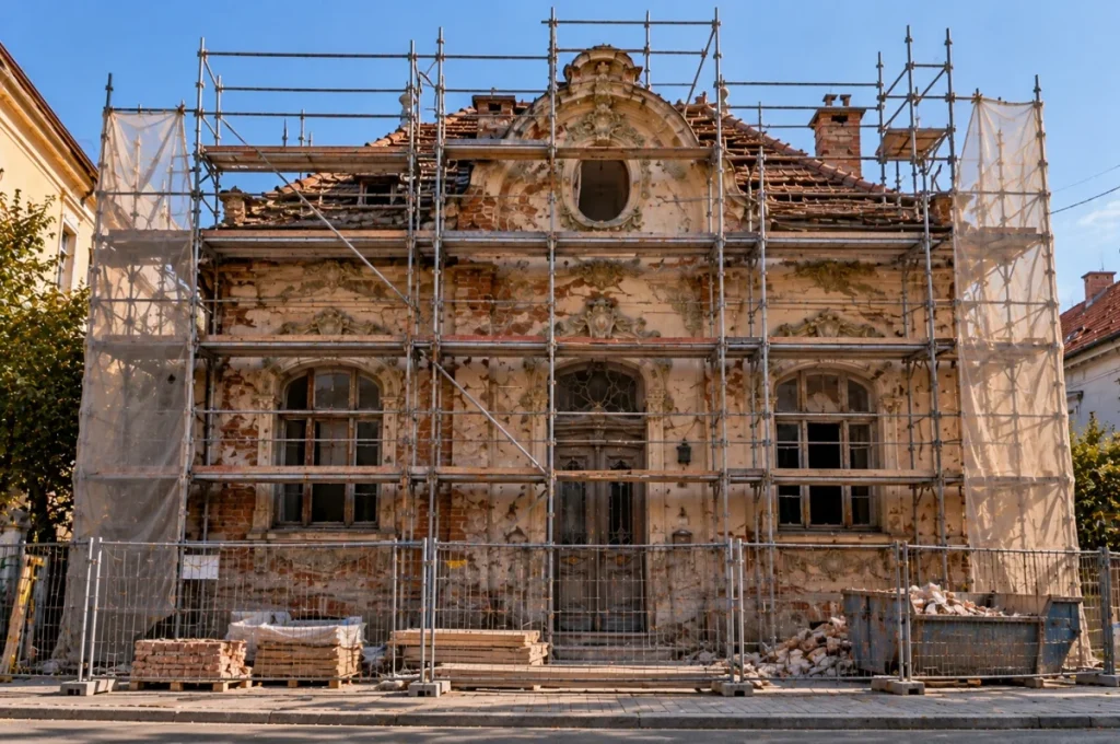 Schelă și lucrări de restaurare pe fațada unei clădiri istorice