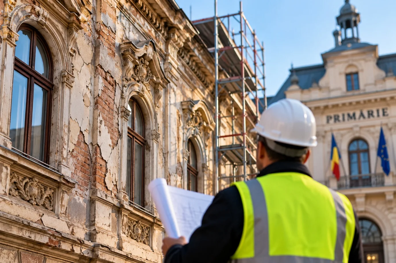 Specialist în fața unei clădiri istorice degradate și a sediului primăriei – proiectul de lege B577/2026 privind fațadele monumentelor istorice