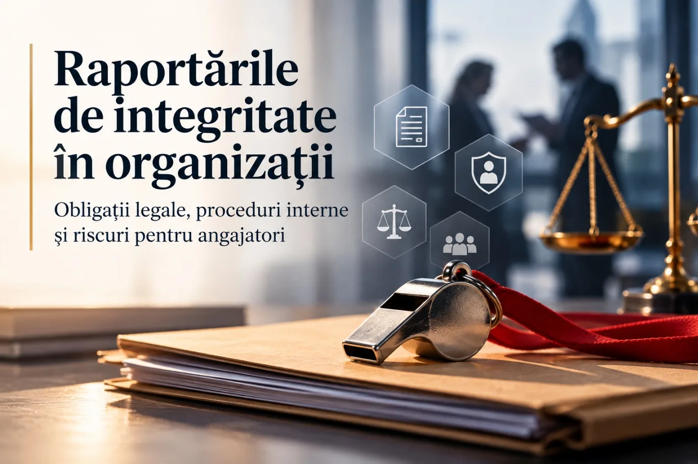 Fluier pe un dosar, balanța justiției și pictograme de conformitate – raportările de integritate în organizații