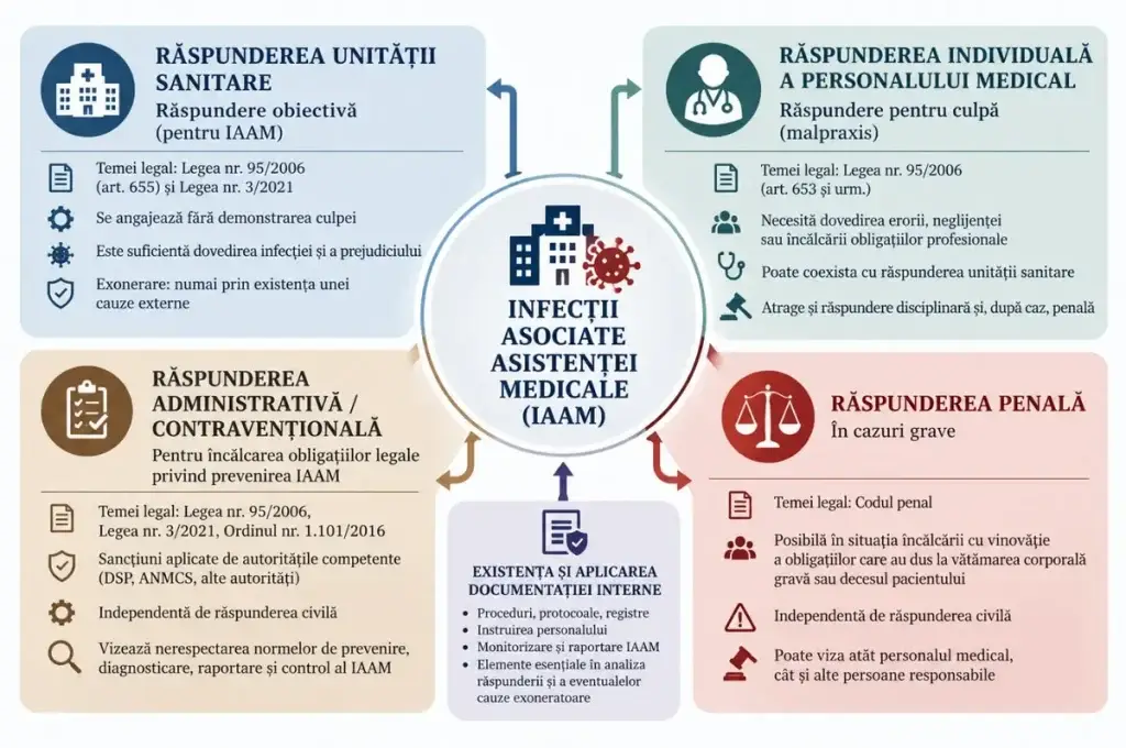 Schemă: formele de răspundere juridică în cazul infecțiilor asociate asistenței medicale (IAAM)