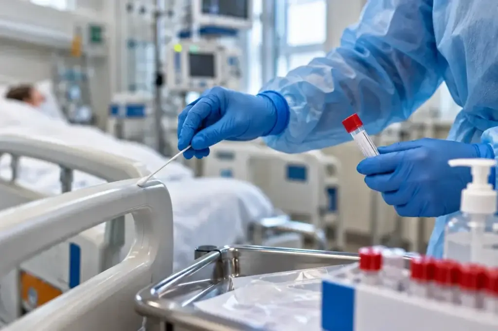 Personal medical cu echipament de protecție recoltând probe într-un salon de spital – infecții nosocomiale