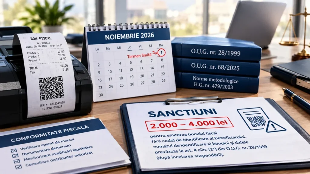 Calendar cu termenul de 1 noiembrie 2026 și sancțiunile de 2.000–4.000 lei pentru bonul fiscal fără cod QR